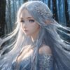 森の中で切なさを湛えた表情を見せる銀髪のエルフ姫の幻想的なイラスト / Fantasy illustration of a silver-haired elf princess with a sorrowful expression in the forest