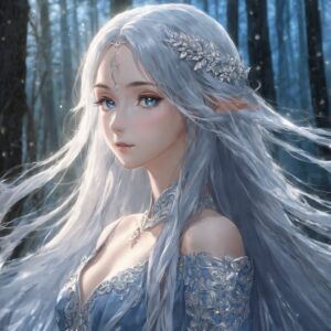 森の中で切なさを湛えた表情を見せる銀髪のエルフ姫の幻想的なイラスト / Fantasy illustration of a silver-haired elf princess with a sorrowful expression in the forest