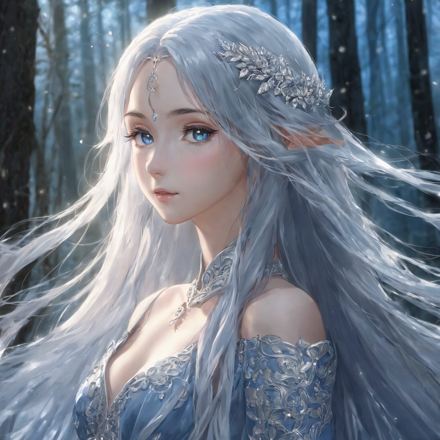 森の中で切なさを湛えた表情を見せる銀髪のエルフ姫の幻想的なイラスト / Fantasy illustration of a silver-haired elf princess with a sorrowful expression in the forest