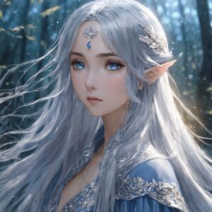 風に揺れる銀髪と切なげな瞳が印象的な美しいエルフのイラスト / Beautiful illustration of an elf with flowing silver hair and a wistful gaze