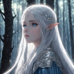森の中で悲しみに沈む表情を浮かべる銀髪のエルフ姫の幻想的なイラスト / Fantasy illustration of a silver-haired elf princess with a sorrowful expression in the forest