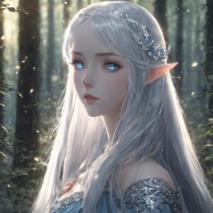 光差す森で哀しげな瞳を見せる銀髪の美しいエルフのイラスト / Beautiful illustration of a silver-haired elf with sad eyes in a sunlit forest