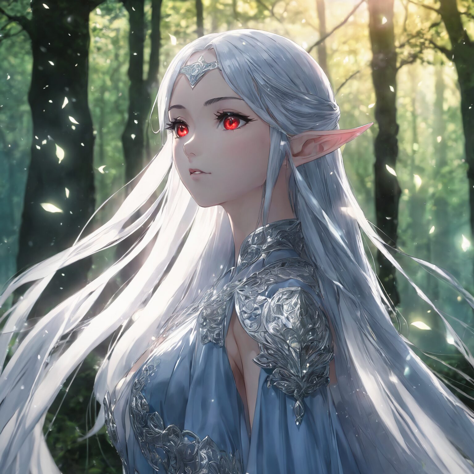 森の中で赤い瞳を輝かせ怒りを秘めた銀髪のエルフ姫の幻想的なイラスト / Fantasy illustration of a silver-haired elf princess with glowing red eyes holding hidden anger in the forest