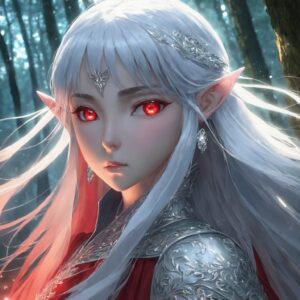 鋭い視線と赤く光る瞳で怒りを表す銀髪の美しいエルフのイラスト / Beautiful illustration of a silver-haired elf with glowing red eyes showing anger
