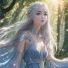森の中で驚きに目を見開く銀髪のエルフ姫の幻想的なイラスト / Fantasy illustration of a silver-haired elf princess opening her eyes wide in surprise in the forest