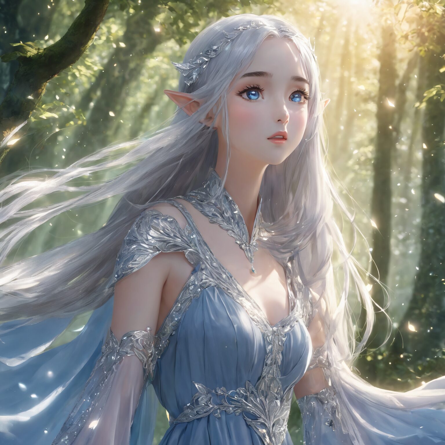森の中で驚きに目を見開く銀髪のエルフ姫の幻想的なイラスト / Fantasy illustration of a silver-haired elf princess opening her eyes wide in surprise in the forest
