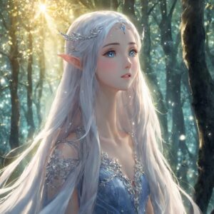木漏れ日の下で驚きの表情を浮かべる銀髪の美しいエルフのイラスト / Beautiful illustration of a silver-haired elf with a surprised expression under the sunlight filtering through the trees