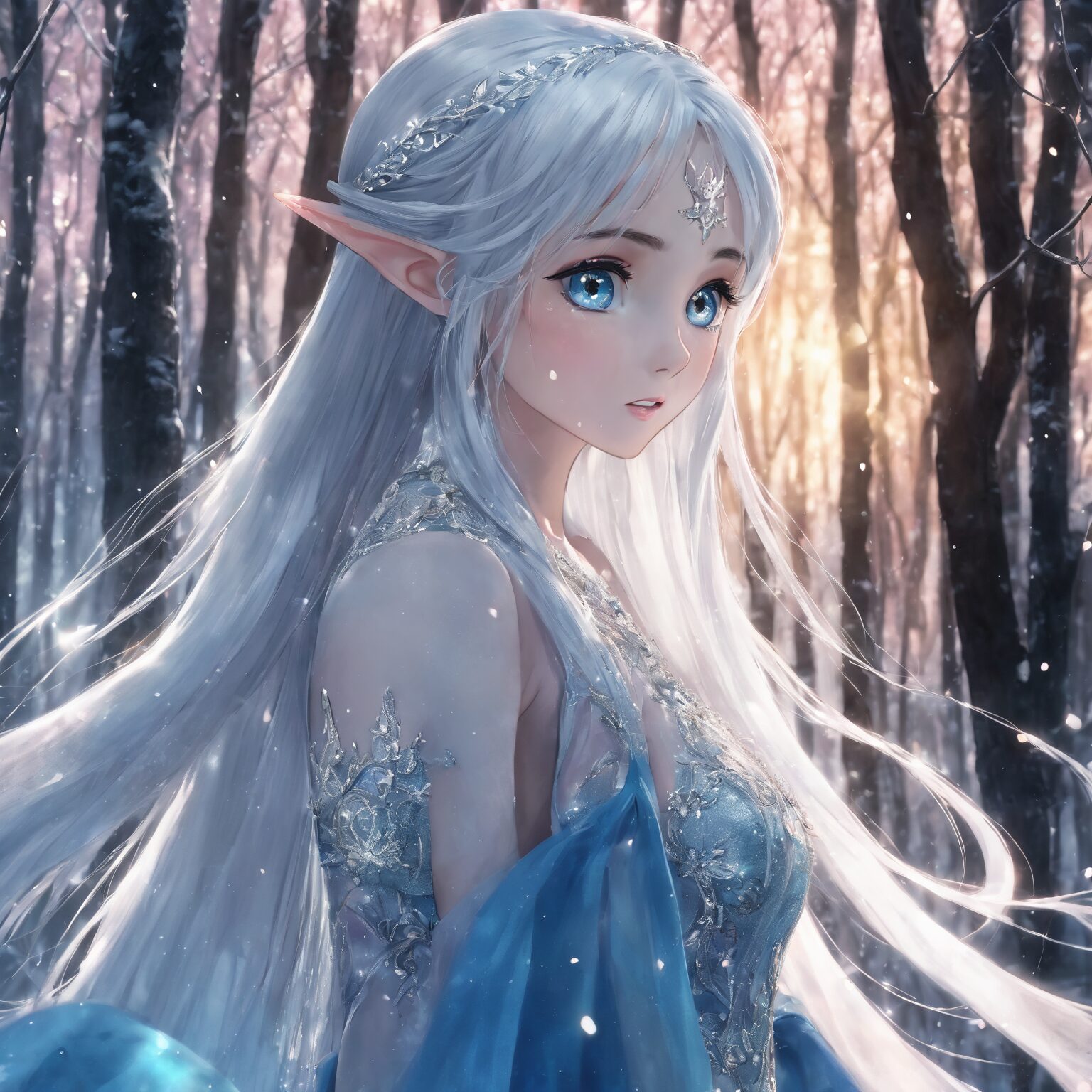 雪の森で恐怖に怯える表情を浮かべる銀髪のエルフ姫の幻想的なイラスト / Fantasy illustration of a silver-haired elf princess looking frightened in a snowy forest