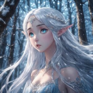 冬の森で大きな瞳を見開き恐怖を感じる銀髪の美しいエルフのイラスト / Beautiful illustration of a silver-haired elf with wide eyes showing fear in the winter forest