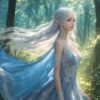 森の中でうっとりと佇む銀髪のエルフ姫の幻想的なイラスト / Fantasy illustration of a silver-haired elf princess standing dreamily in the forest