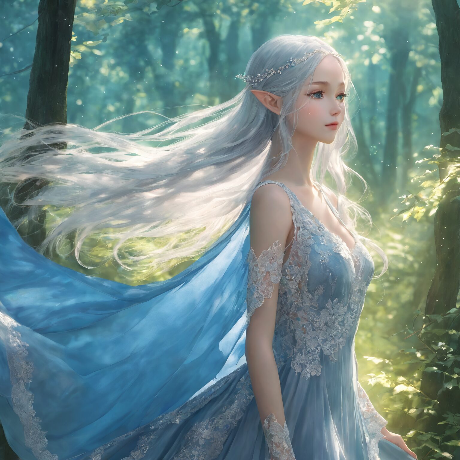 森の中でうっとりと佇む銀髪のエルフ姫の幻想的なイラスト / Fantasy illustration of a silver-haired elf princess standing dreamily in the forest
