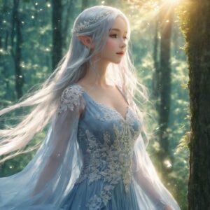 柔らかな光を浴びて恍惚とした表情を浮かべる銀髪の美しいエルフのイラスト / Beautiful illustration of a silver-haired elf with a blissful expression under gentle sunlight in the forest