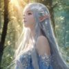 森の光を浴びて微笑みをたたえる銀髪のエルフ姫の幻想的なイラスト / Fantasy illustration of a silver-haired elf princess smiling softly in the forest sunlight