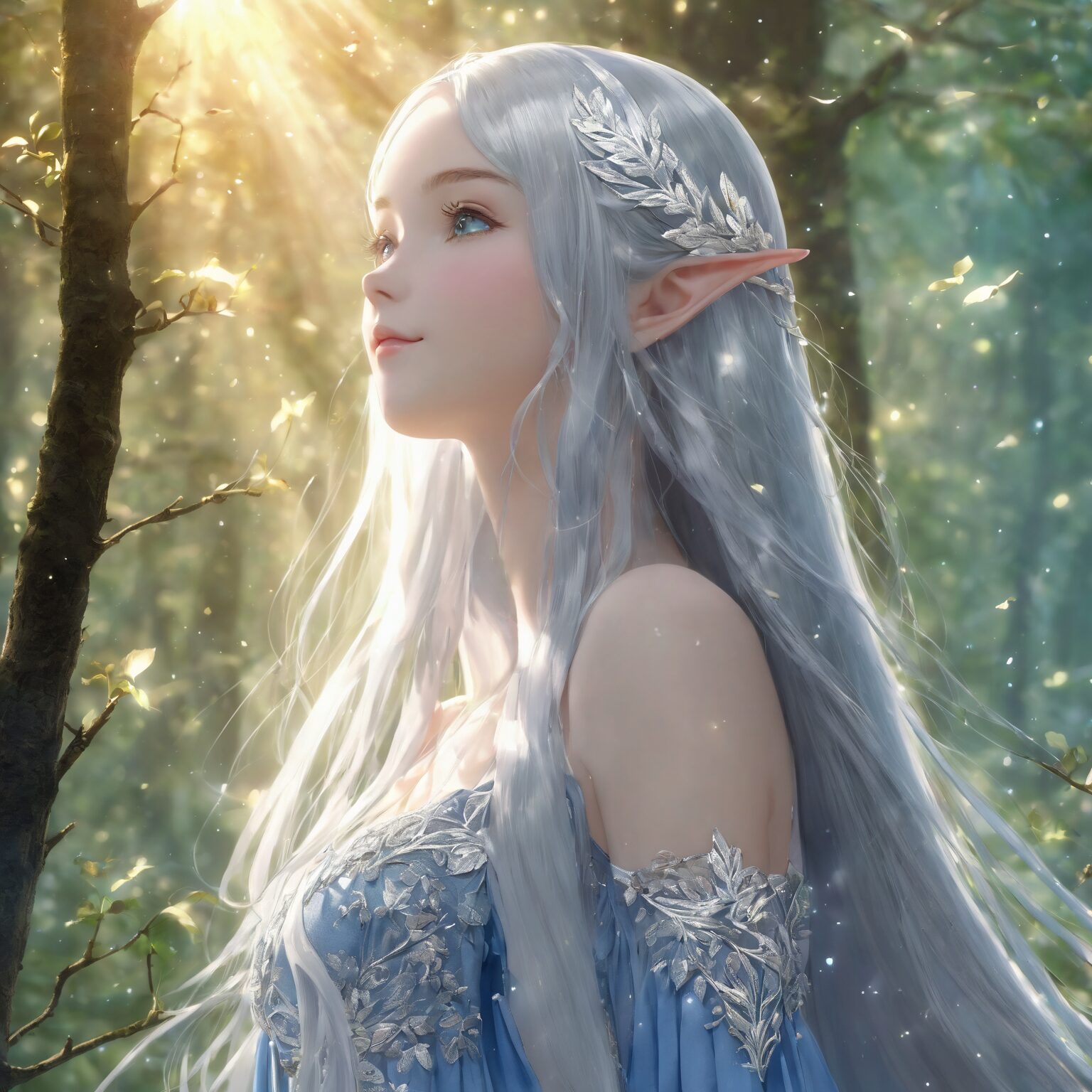 森の光を浴びて微笑みをたたえる銀髪のエルフ姫の幻想的なイラスト / Fantasy illustration of a silver-haired elf princess smiling softly in the forest sunlight