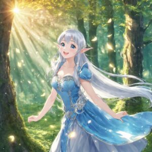 森の中で無邪気に笑う銀髪のエルフ姫の幻想的なイラスト / Fantasy illustration of a silver-haired elf princess laughing innocently in the forest