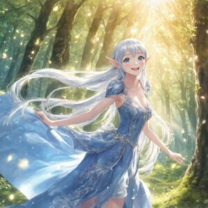 陽光に包まれながら楽しそうに微笑む銀髪の美しいエルフのイラスト / Beautiful illustration of a silver-haired elf smiling joyfully under the sunlight in the forest