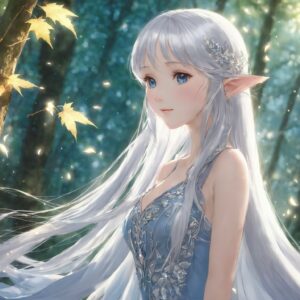 森の木漏れ日の中で優しさに満ちた表情を浮かべる銀髪のエルフ姫の幻想的なイラスト / Fantasy illustration of a silver-haired elf princess with a gentle expression under the sunlight filtering through the forest