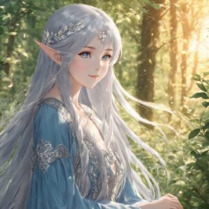 柔らかな微笑みをたたえた銀髪の美しいエルフが森に佇むイラスト / Beautiful illustration of a silver-haired elf with a tender smile standing gracefully in the forest