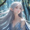 森の中で眠そうな表情を浮かべる銀髪のエルフ姫の幻想的なイラスト / Fantasy illustration of a silver-haired elf princess with a drowsy expression in the forest
