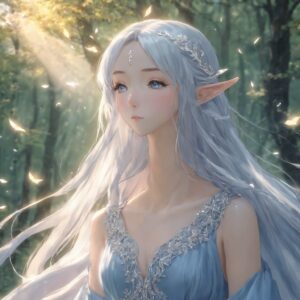 柔らかな光に包まれてまどろむように佇む銀髪の美しいエルフのイラスト / Beautiful illustration of a silver-haired elf standing dreamily in the gentle forest light
