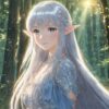 森の光に包まれながら照れたように頬を赤らめる銀髪のエルフ姫の幻想的なイラスト / Fantasy illustration of a silver-haired elf princess blushing shyly in the forest sunlight