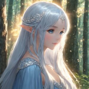 頬を染めて恥じらう表情を見せる銀髪の美しいエルフのイラスト / Beautiful illustration of a silver-haired elf with blushing cheeks showing a bashful expression in the forest