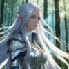 森の中で怒りをあらわにする銀髪のエルフ戦士の幻想的なイラスト / Fantasy illustration of a silver-haired elf warrior showing anger in the forest