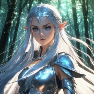 鋭い視線と険しい表情で怒りを示す銀髪の美しいエルフのイラスト / Beautiful illustration of a silver-haired elf with a fierce gaze and angry expression in the forest
