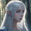 森の中で涙をこぼす銀髪のエルフ姫の切ない幻想的なイラスト / Fantasy illustration of a silver-haired elf princess shedding tears in the forest