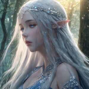 瞳に涙を浮かべ悲しげな表情を見せる銀髪の美しいエルフのイラスト / Beautiful illustration of a silver-haired elf with teary eyes and a sorrowful expression in the forest