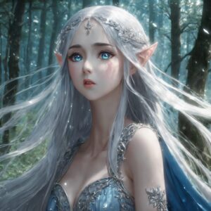 森の中で涙を流し号泣する銀髪のエルフ姫の切ないイラスト / Sad illustration of a silver-haired elf princess crying loudly in the forest