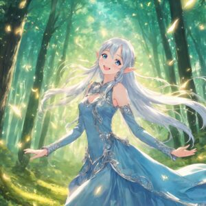 森の中で楽しそうに微笑む銀髪のエルフ姫の幻想的なイラスト / Fantasy illustration of a silver-haired elf princess smiling happily in the forest