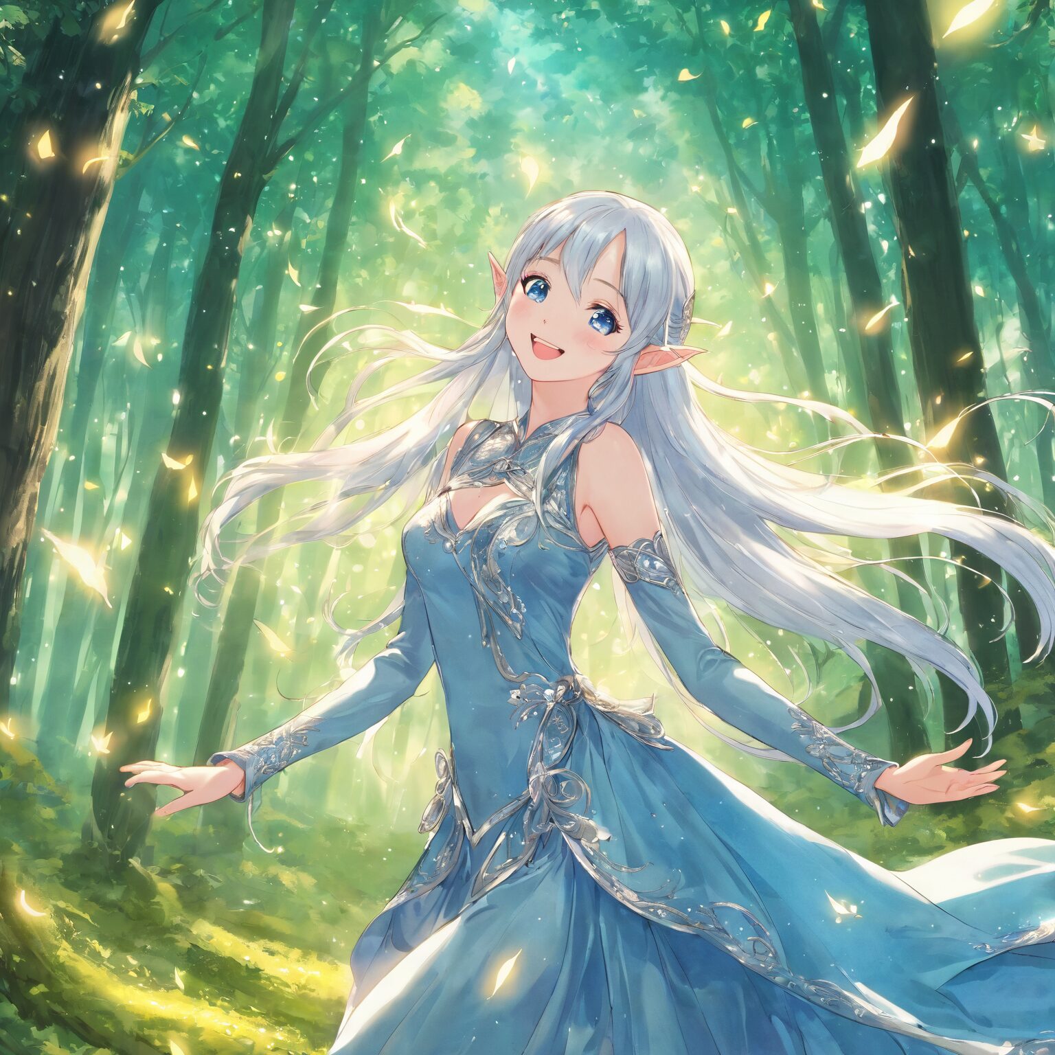 森の中で楽しそうに微笑む銀髪のエルフ姫の幻想的なイラスト / Fantasy illustration of a silver-haired elf princess smiling happily in the forest