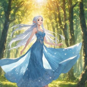 陽光に包まれながら楽しげに舞う銀髪の美しいエルフのイラスト / Beautiful illustration of a silver-haired elf joyfully dancing under the sunlight in the forest
