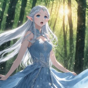 森の光の中で驚いた表情を見せる銀髪のエルフ姫の幻想的なイラスト / Fantasy illustration of a silver-haired elf princess showing a surprised expression in the forest sunlight