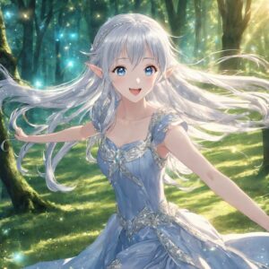 森の中で嬉しい驚きを浮かべて微笑む銀髪のエルフ姫の幻想的なイラスト / Fantasy illustration of a silver-haired elf princess smiling with delightful surprise in the forest