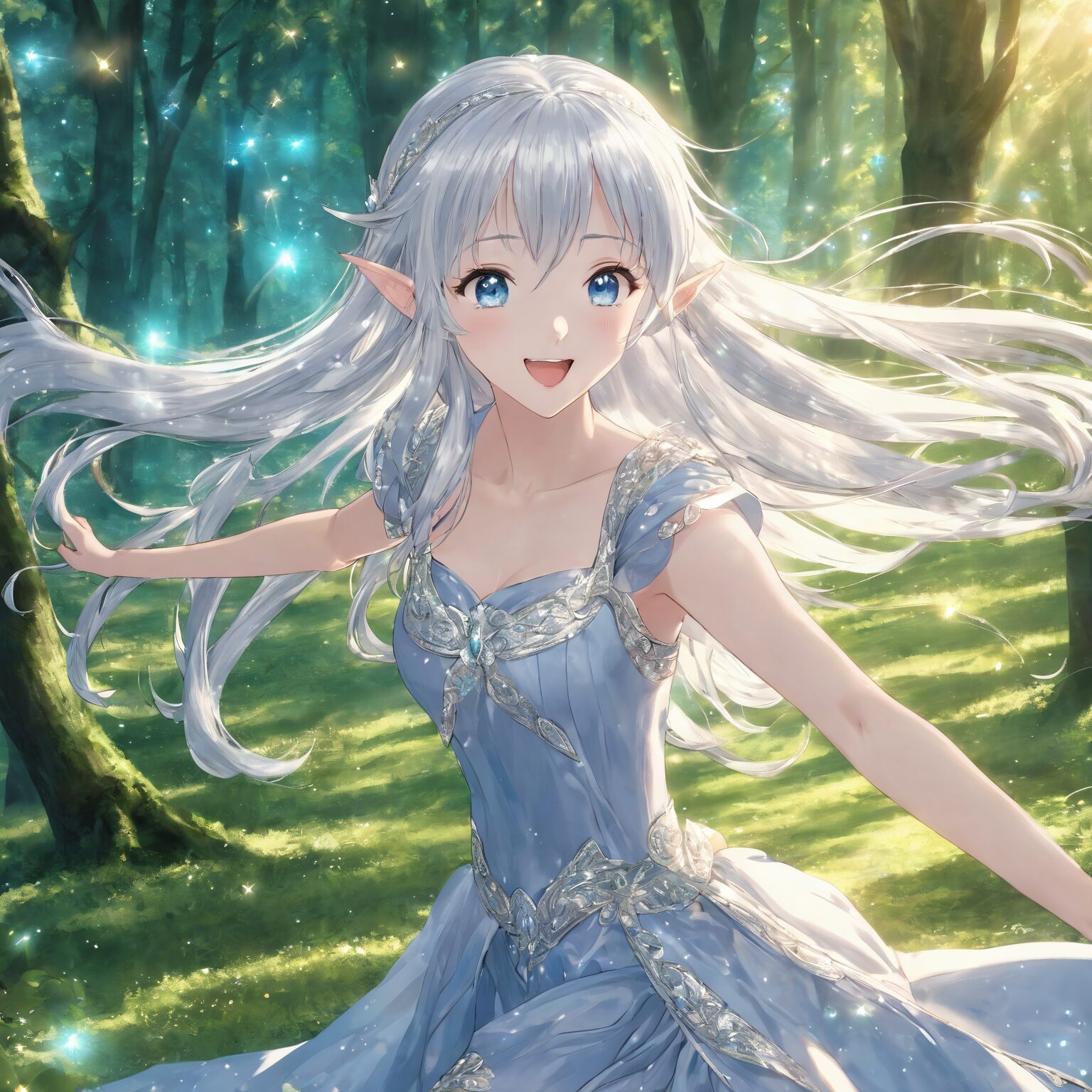 森の中で嬉しい驚きを浮かべて微笑む銀髪のエルフ姫の幻想的なイラスト / Fantasy illustration of a silver-haired elf princess smiling with delightful surprise in the forest