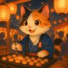 お祭りの夜店でたこ焼きを焼く法被姿の三毛猫の可愛いイラスト / Cute illustration of a calico cat wearing a festival coat and making takoyaki at a night festival stall