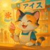 ChatGPT: アイスクリーム屋で笑顔で接客するエプロン姿の三毛猫の可愛いイラスト / Cute illustration of a calico cat wearing an apron and happily serving customers at an ice cream shop