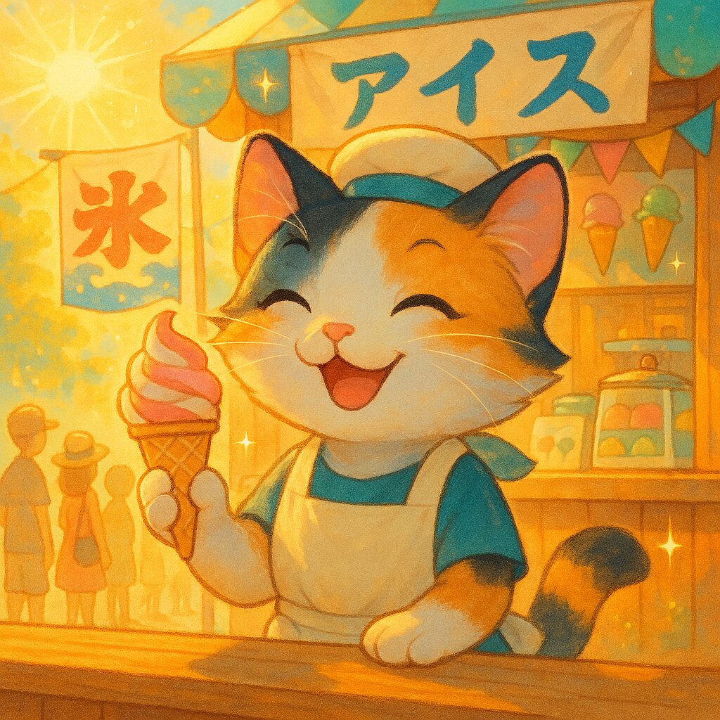 ChatGPT: アイスクリーム屋で笑顔で接客するエプロン姿の三毛猫の可愛いイラスト / Cute illustration of a calico cat wearing an apron and happily serving customers at an ice cream shop