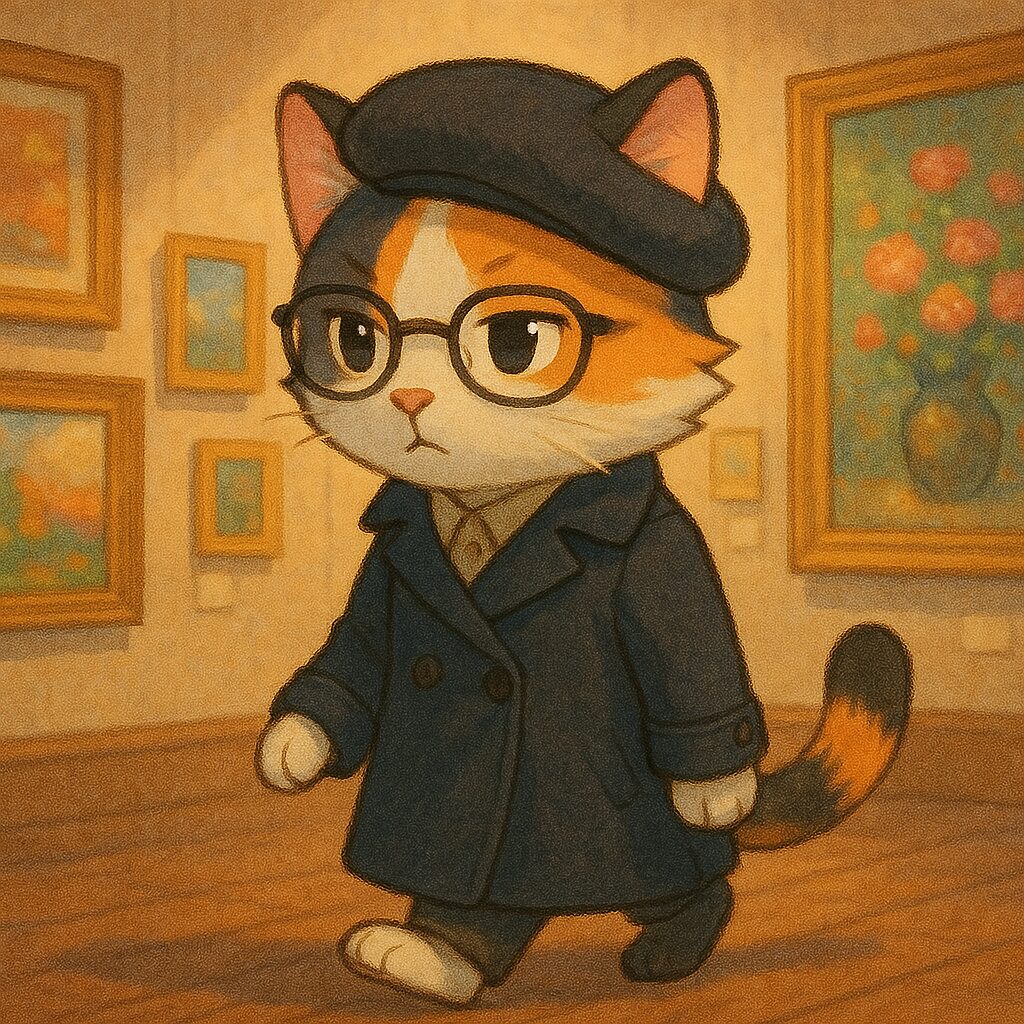 ベレー帽とコートを着てアートギャラリーを歩く三毛猫のイラスト / Illustration of a calico cat wearing a beret and coat while strolling through an art gallery