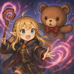戦闘中にクマのぬいぐるみを誤って召喚してしまった戦闘系魔法使いのかわいい女の子エルフのイラスト。/
An illustration of a cute elf girl battle mage accidentally summoning a teddy bear during combat.
