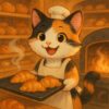パン屋でクロワッサンを焼くエプロン姿の三毛猫の可愛いイラスト / Cute illustration of a calico cat wearing an apron and baking croissants at a bakery