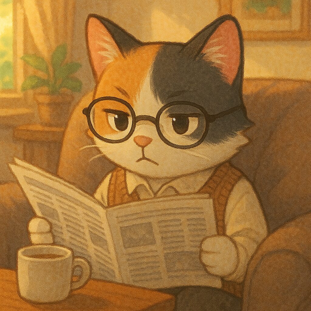 メガネをかけて新聞を読む知的な三毛猫のイラスト / Illustration of an intelligent-looking calico cat wearing glasses and reading a newspaper