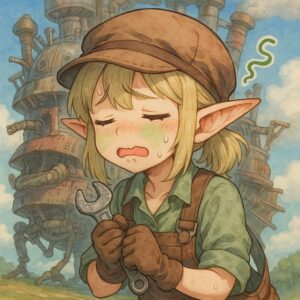 動く城のメンテナンス中に乗り物酔いしてしまった整備士のかわいい女の子エルフのイラスト。/
An illustration of a cute elf girl mechanic getting motion sick while maintaining a moving castle.