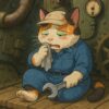 動く城のメンテナンス中に乗り物酔いしてしまった整備士の三毛猫のイラスト。/ An illustration of a mechanic calico cat getting motion sick while maintaining a moving castle.