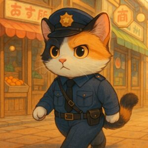 商店街を見回りする制服姿の三毛猫警備員のイラスト / Illustration of a calico cat security guard in uniform patrolling a shopping district