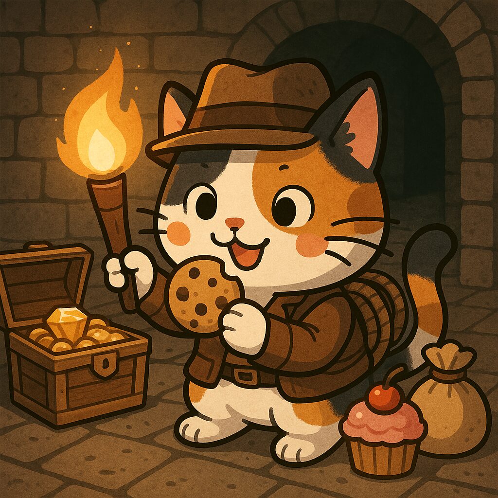 地下迷宮で宝よりもおやつを探してしまうトレジャーハンター三毛猫のイラスト。/ An illustration of a treasure hunter calico cat searching for snacks instead of treasure in a dungeon.