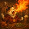 宴会で酔っぱらって炎を吐いてしまう火の精霊使い三毛猫のイラスト。/ An illustration of a fire spirit user calico cat drunkenly breathing fire at a banquet.