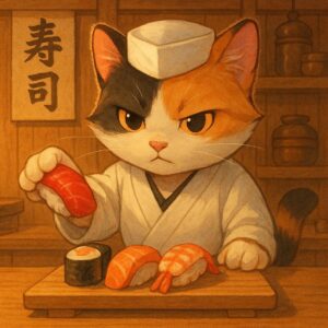 寿司屋で職人のように握り寿司を作る三毛猫のイラスト / Illustration of a calico cat making sushi like a skilled chef at a sushi restaurant